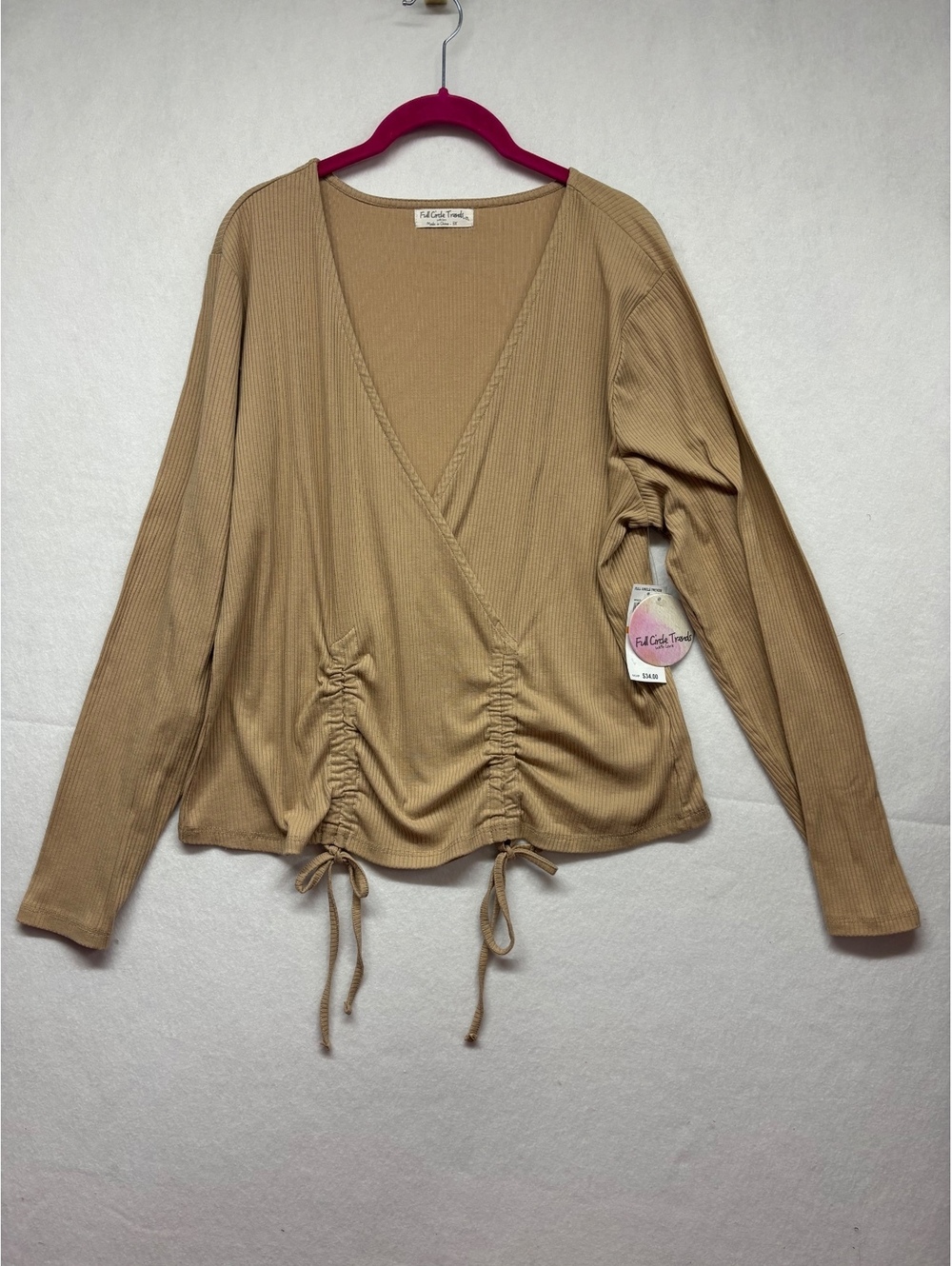 Full Circle Trends Beige Ribbed Wrap Front Long Sleeve Top, Size 3X